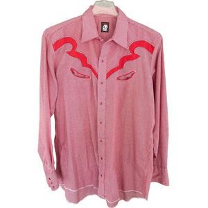 Vintage Karman mens red western gingham checkered pearl snap shirt size L/XL